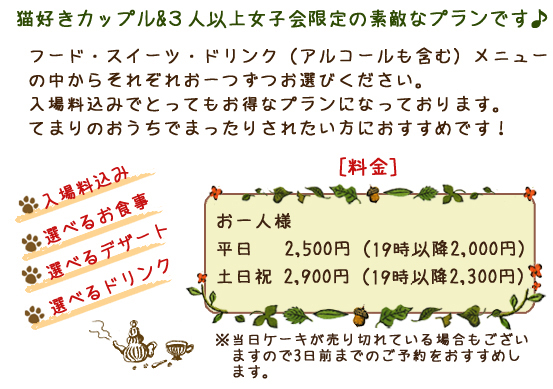 猫好きカップル&３人以上女子会限定の素敵なプランです♪フード・スイーツ・ドリンク（アルコールも含む）メニューの中からそれぞれお一つずつお選びください。入場料込みでとってもお得なプランになっております。てまりのおうちでまったりされたい方におすすめです！   ・入場料込み・選べるお食事・選べるデザート・選べるドリンク　【料金】お一人様　平日   2,500円（19時以降2,000円）　土日祝 2,900円（19時以降2,300円）※当日ケーキが売り切れている場合もございますので3日前までのご予約をおすすめします。
